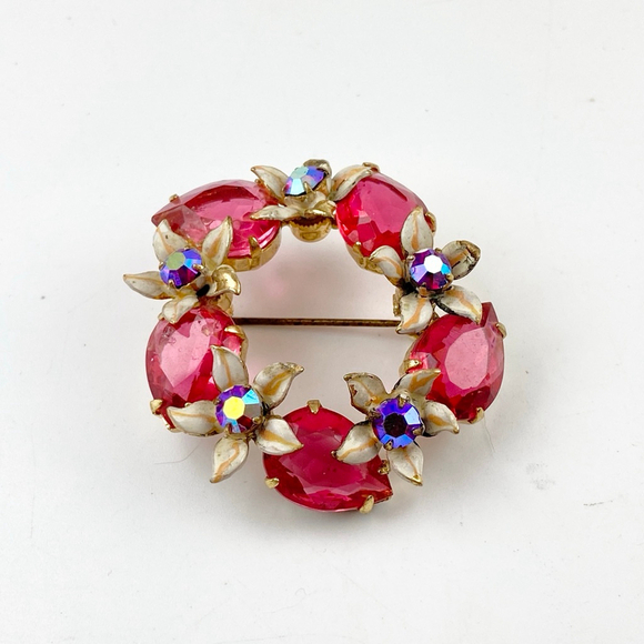 Vintage Austrian Coral Pink Rhinestone Gold Tone Enamel Flower Glass Brooch - Picture 2 of 6